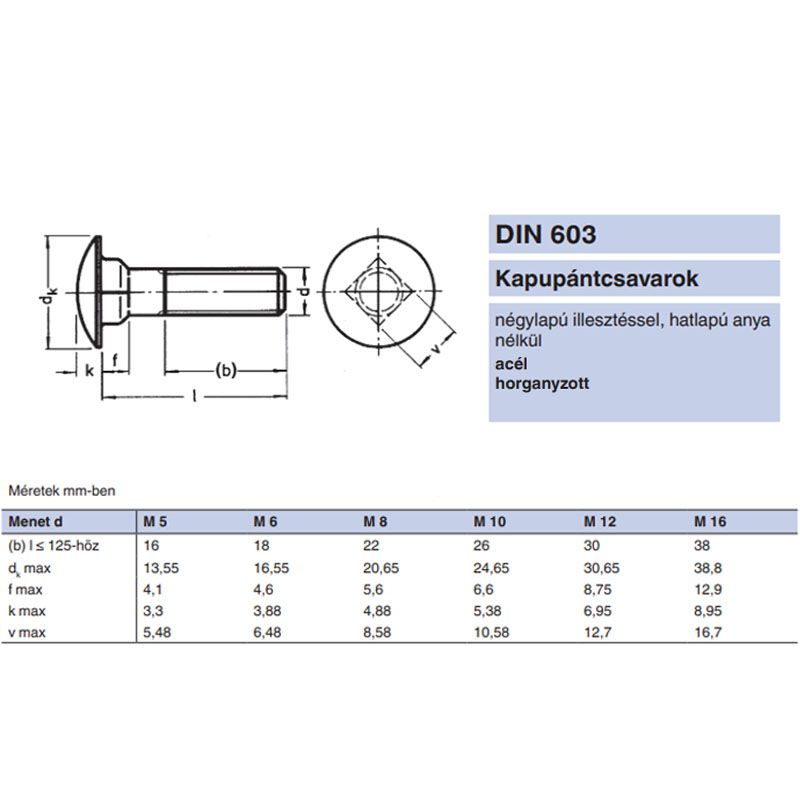KAPUPÁNTCSAVAR M6*60 DIN 603 4.6 HG.  METRIKUS CSAVAROK